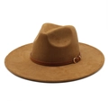 Classic camel wide brim jazz hat with brown leather buckle strap decoration - M (56-59cm) / Khaki Suede
