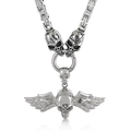 Silver skull necklace with winged skull pendant in polished stainless steel for men - Steel Color Winged Skull Style (KN199270-Z)