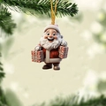Close-up of a Santa Claus resin ornament hanging on a Christmas tree with golden cord - Holding Polka Dot and Stripe Gift Box Style (10)