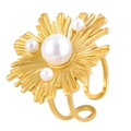 Macro detail of gold flower ring with textured petals and inlaid white pearls - Pearl Flower Cluster Style (9639)