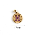 Golden round letter H pendant with purple enamel and hammered metal texture 17mm - Letter H