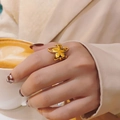 Minimalist 18k gold petal flower ring in stainless steel for women fashion jewelry - Gold Flower Ring