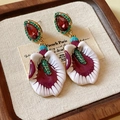 Artistic flower earrings with purple enamel petals and green crystal accents - Multicolor Patchwork Enamel Floral Dangle With Rhinestone (10#银针水滴镶钻滴油花朵耳环)