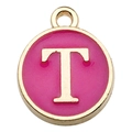 Rose pink enamel round pendant with golden letter T for DIY jewelry making - Letter T Pendant Only (Without Chain) / 1 Piece (12x14mm) / Rose Red