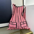 Pink and black striped knitted tote bag with LP letter embroidery and pleated design - Pink Stripes (LP Letters)