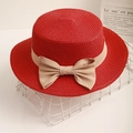 Elegant red flat top straw sun hat with beige striped ribbon bow for summer travel - M (56-58cm) / Red
