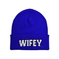 Close-up of WIFEY embroidered patch on royal blue knitted beanie with folded cuff - One Size / Blue