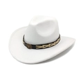 Detail of white felt cowboy hat featuring brown leather band with vintage metal bull emblem - M (56-58cm) / White