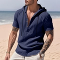 Detail of dark blue linen hoodie shirt featuring drawstring hood and buttoned placket - Navy Blue