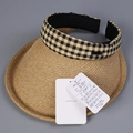 Women's straw sun visor hat with plaid band trim and wide brim for sun protection - M (56-58cm) / Yellow