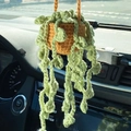 Handmade crochet hanging plant car ornament in light green with an orange-brown pot - Khaki + Olive Green Hanging Basket