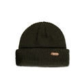 Detailed view of dark olive green knit hat with a classic deer head leather patch texture - 51-53cm / Army Green