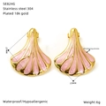 Detail of pink fan-shaped titanium steel earrings with dimensions and specs shown - Pink