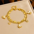 Double-layered gold stainless steel bracelet with butterfly and heart charms and crystals - Butterfly Heart Double Layer Style (B1527)