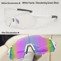 Macro shot showing transition from clear to purple photochromic cycling lenses with white frame - White Frame Photochromic Green Mercury