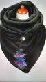 Black neck warmer for women with blue purple feather print and silver button buckle - 29-Colorful Feather Abstract