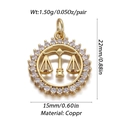 Detail of 18K gold plated copper Libra pendant with cubic zirconia and size dimensions - Gold Libra Zodiac Round Pendant