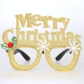 Detail of glitter gold Christmas glasses featuring Merry Christmas text and holly leaf ornaments - Golden Merry Christmas