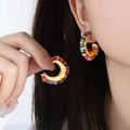 Bohemian gold C-shaped hoop earrings featuring colorful gemstone beads and beads stones - Natural Mixed Color Stones - Gold (F976)