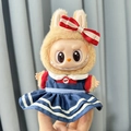 Labubu plush toy wearing navy blue school uniform with red bow tie and stripe details - Red And Blue Mario Dress / First And Second Generation Keychains Are Compatible With La Cloth Dolls. Dolls Not Included.