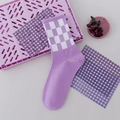 Single purple cotton mid-calf sock featuring a checkered cuff and decorative basket - Purple White Checkerboard (No. 05)