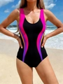 Detail of black one-piece swimsuit featuring colorful slimming stripes on beach background - 3XL / Rose Red Stripes
