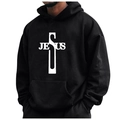 Men's black fleece hoodie with white Jesus cross print and front pocket detail - S / Tops / Black (Jesus)