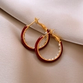 Close-up of gold hoop earrings with dark red enamel and sparkling crystal inlay - Wine Red Patchwork Rhinestone Hoop Style (27#)
