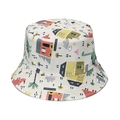 Kids cream bucket hat with colorful dinosaur and house prints for sun protection - Off White House Dinosaur