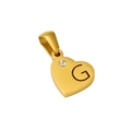 Detailed view of a gold heart pendant with hollow letter G and a small sparkling crystal - Letter G