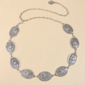 Vintage silver metal waist chain with embossed bull head link design on beige surface - Antique Silver (19383)