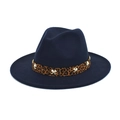 Dark blue wool fedora hat featuring leopard print band with gold floral rivets - M (56-58cm) / Navy Blue