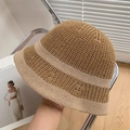 Knitted khaki and beige striped fisherman hat with a breathable sun protection design - Wide Stripe Khaki