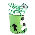 Green Happy Birthday cake topper with football and goal patterns on a soccer-themed cake - Large Cake Topper