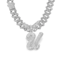 Silver iced out butterfly pendant necklace with crystal letter U on cuban chain - Silver Letter U