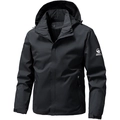 Men's black hooded outdoor windbreaker with mountain logo and adjustable cuffs - M / Black