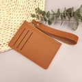 Slim brown leather card holder with wrist strap and zipper pocket for women - 019 Light Brown