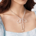 Bowknot style clear crystal beaded necklace for women featuring sparkling water-drop pendants - Crystal Bow Necklace / White