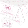 Tovaglia usa e getta Happy Birthday con fiocchi rosa per decorazioni festa di compleanno - Tovaglia con Fiocco 130*220cm
