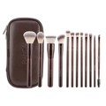 12-teiliges braunes Make-up-Pinsel-Set mit Bronze-Zwinge und passender Reisetasche - Reißverschlusstasche / Kaffeebraun
