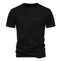 Detailed view of the geometric arrow textured pattern on black short sleeve crewneck T-shirt - S / Black