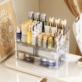 Organizer cosmetici in acrilico trasparente con cassetti a righe e scomparti vari - Trasparente/Portaoggetti a Cassetto + Porta Rossetto