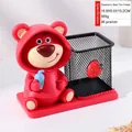 Cartoon Lotso bear pen holder with black metal mesh cup and red base, 16.8x9x15.2cm - Pink Cartoon Bear Pen Holder - Cup Style