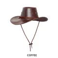 Classic coffee brown PU leather cowboy hat with braided trim and adjustable chin strap - One Size (54-58CM) / Brown