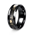 8mm black stainless steel ring with carbon fiber inlay and golden EKG heartbeat pattern - US 6 / Black