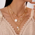Juego de collares dorados de tres capas con colgantes de estrella de mar y perlas falsas - Dorado (Juego de 3 piezas)