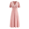 Rosa Kleid mit weißen Punkten, französischer Stil, V-Ausschnitt, Spitze und Rüschenärmeln - S / Rosa