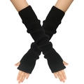 Detailed knit texture of long black fingerless arm warmers on a white background - Black