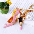 Pink high heel keychain with lipstick charm and white pearl accessory for women - Pink Lipstick Pearl Flat Shoes