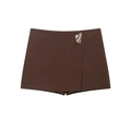 Elegante falda pantalón asimétrica marrón oscuro con hebilla metálica dorada mujer - XS / Marrón Oscuro